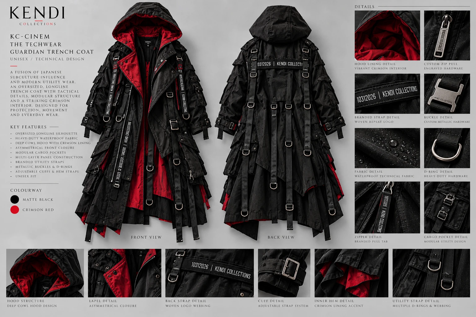 KC-CINEM 003.1 Techcare Guardian Trench Coat design documentation — matte-black technical shell with crimson interior, modular utility straps and Kendi Collections branded webbing.