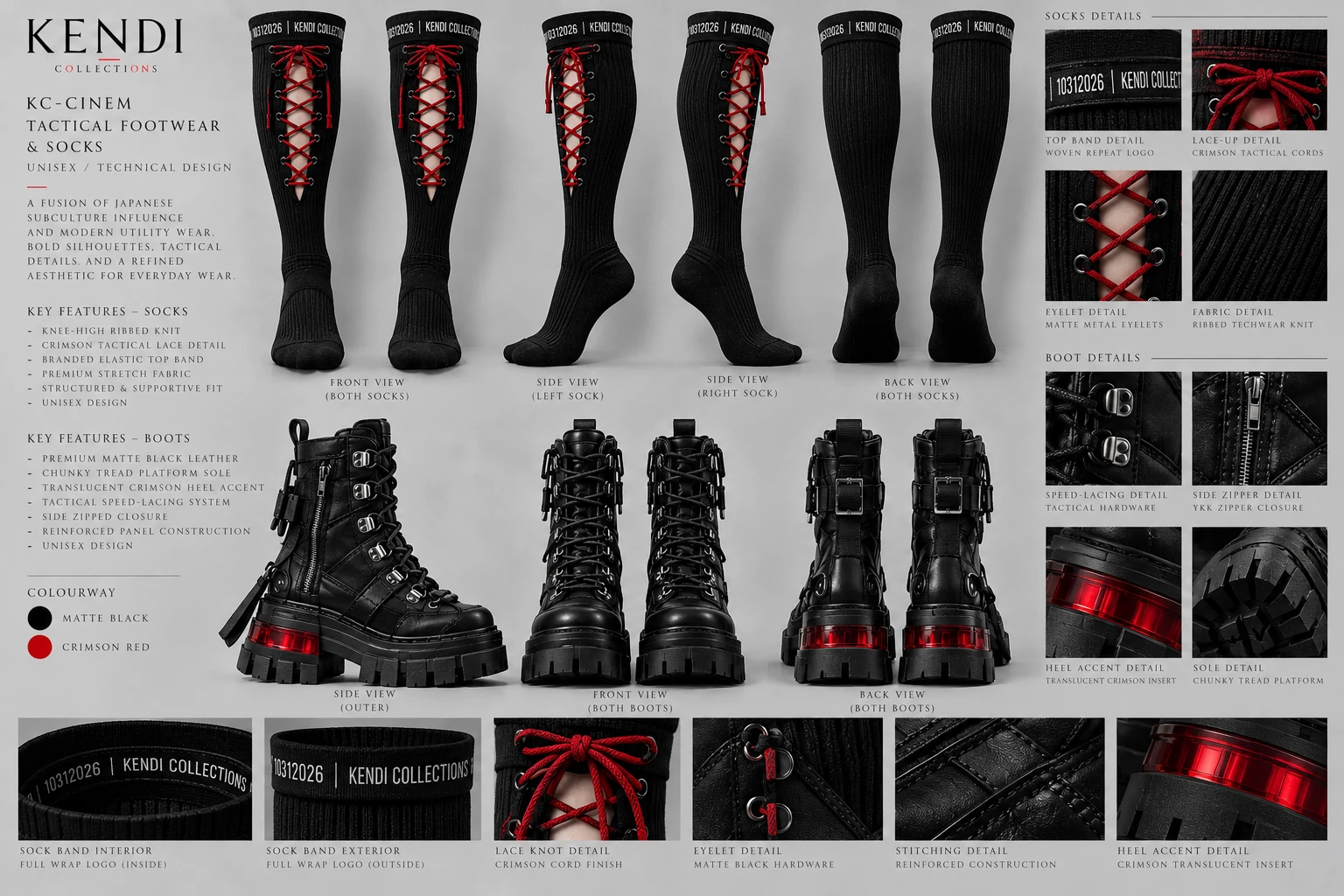 KC-CINEM 003.1 Techcare Reaper knee-high corset-laced socks with 10312026 Kendi Collections top-band branding and black platform combat boots.