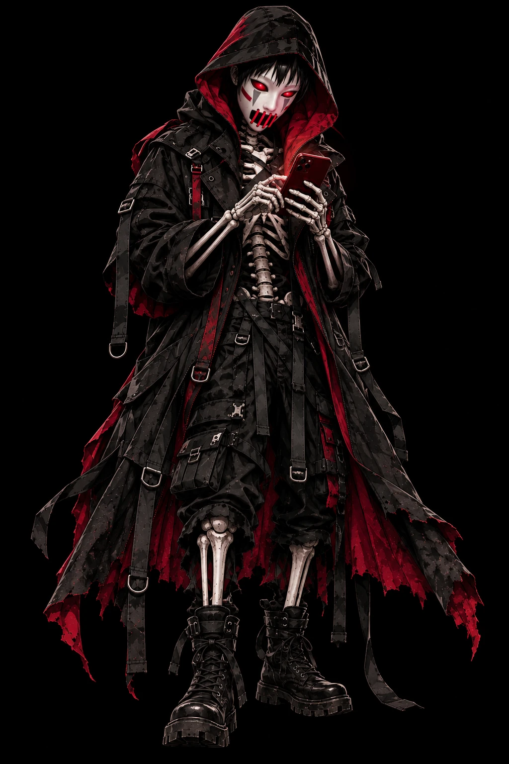 KC-CINEM 003.1 Techcare Reaper original character artwork — a hooded skeletal figure in matte black and crimson looking down at a burgundy smartphone.
