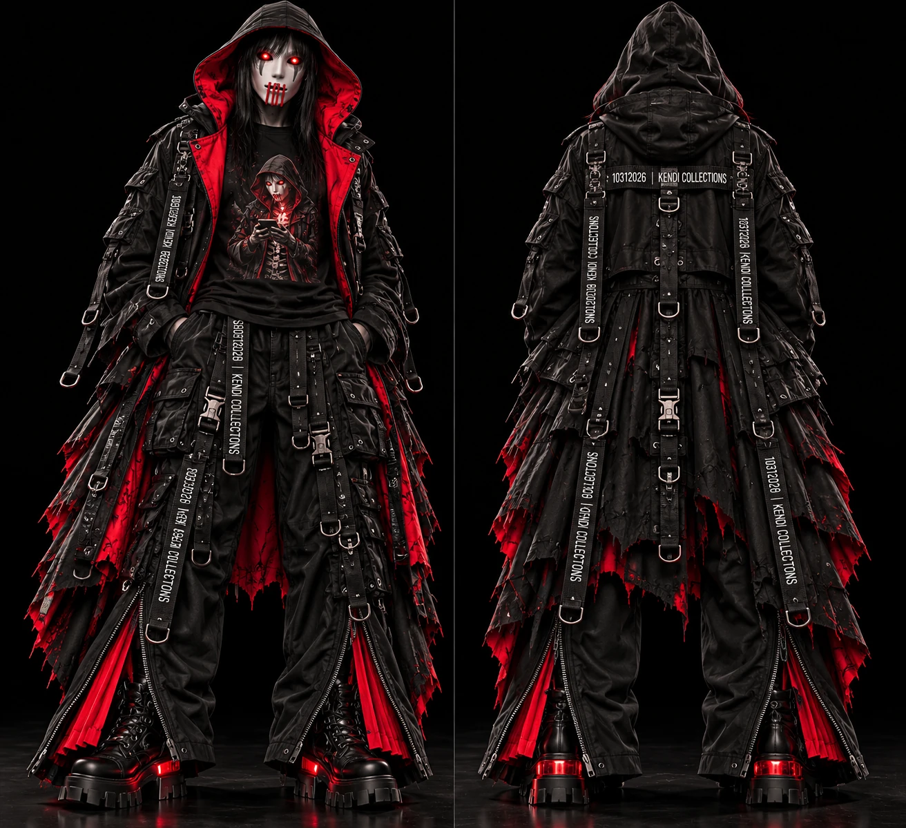 KC-CINEM 003.1 Techcare Reaper Split-Hem Ensemble front and back with Guardian Trench Coat, graphic tee, utility trousers and platform boots.
