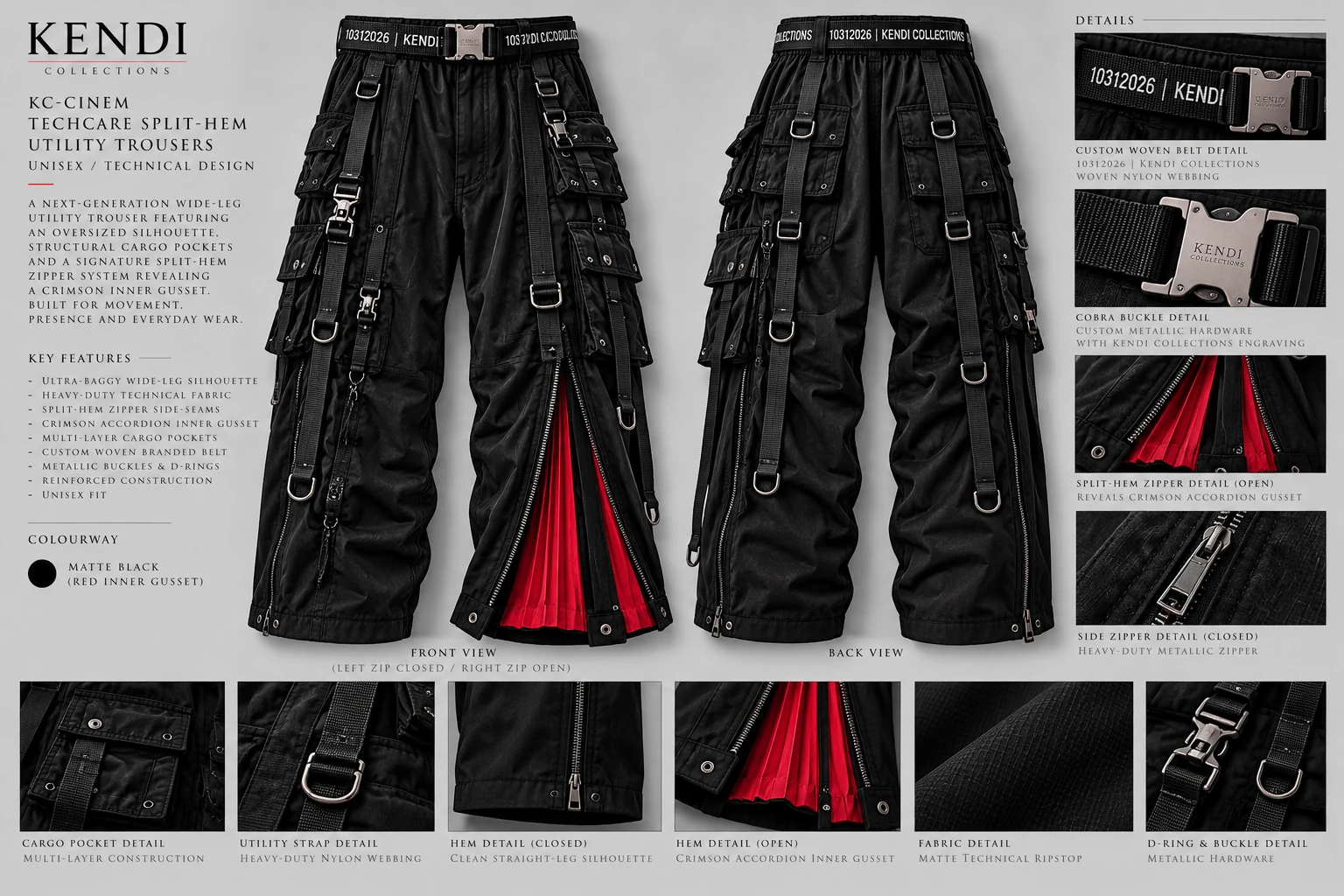 KC-CINEM 003.1 Techcare Split-Hem Utility Trousers tech-pack with wide-leg construction, utility straps and crimson accordion zipper gusset.
