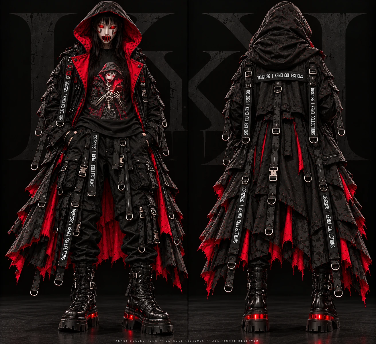 KC-CINEM 003.1 Techcare Reaper unisex configuration ensemble visualization, front and back.